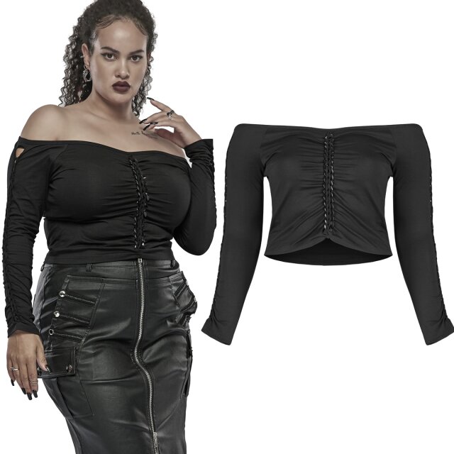 Schulterfreies Langarmshirt (DT-725BK) aus der Punk Rave Plus Size Kollektion. Mit eingeflochtener schwarzer Kunststoffkette vorne und offenem Flechtmuster auf den Ärmeln.