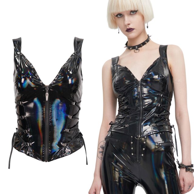 Devil Fashion sleeveless vinyl top (WT065) with holgram effect and full-length zip. A slim cut with lacing at the sides for lots of fetish charm