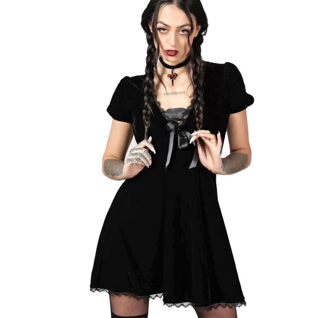 KILLSTAR Consolation Dress - sweet A-line mini dress with short puff sleeves made of elastic velvet with deep V-neckline with romantic satin ribbon lacing