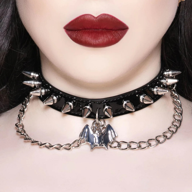 KILLSTAR Bat Babe Choker - Faux Leather Necklace with Spiked Rivets, Accent Chains and Silver Bat Pendant
