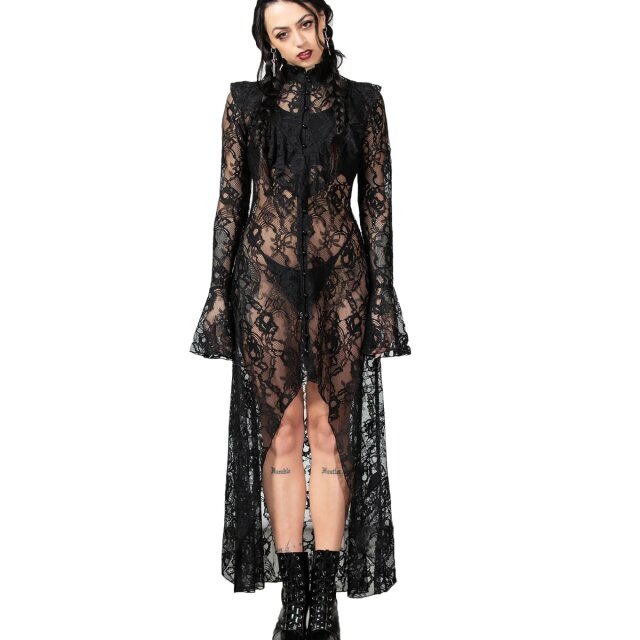 KILLSTAR Condolences Maxi Shirt - calf-length semi-transparent lace shirt with stand-up collar, ruffles on the neckline and long narrow sleeves with flared cuffs