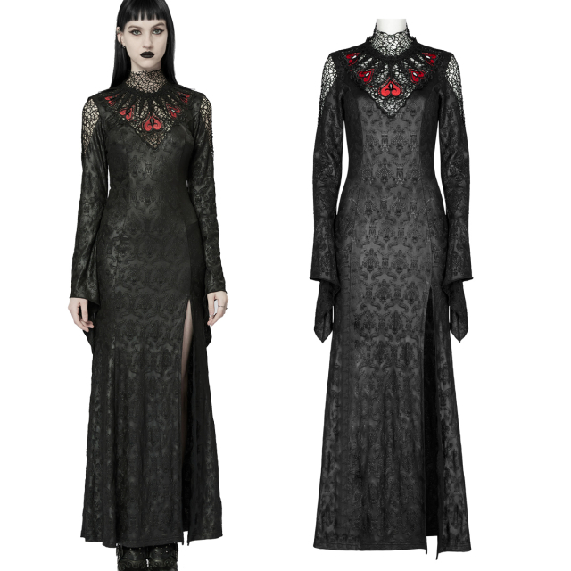 Ankle-length PUNK RAVE wetlook dress (WQ-618BK) with embossed ornament pattern, slim fit with high slit and excitingly decorated neckline with red accents as well as mesh and lace inserts at the shoulders