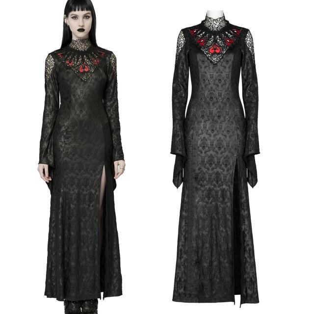 Knöchellanges PUNK RAVE Wetlook-Kleid (WQ-618BK) mit geprägtem Ornament-Muster, schmal geschnitten mit hohem Schlitz und aufregend verziertem Dekolleté mit roten Akzenten sowie Netz- und Spitzeneinsätze an den Schultern