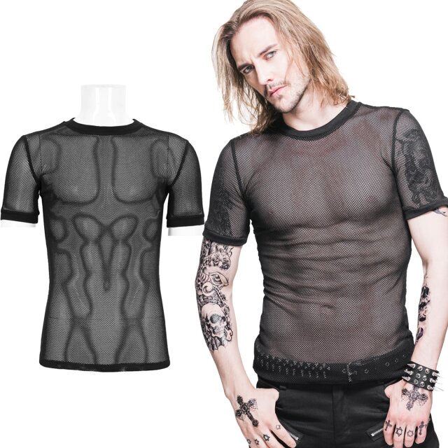 Devil Fashion mens t-shirt (TT039) in black elasticated net with round neckline and attached elastic cuffs.