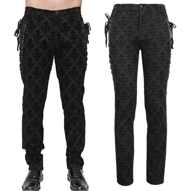 Devil Fashion Gothic Stretch Jeans (PT042) mit Ornament Beflockung und V-förmigen Kunstledereinsätzen an den Hüften mit darüberliegender Schnürung