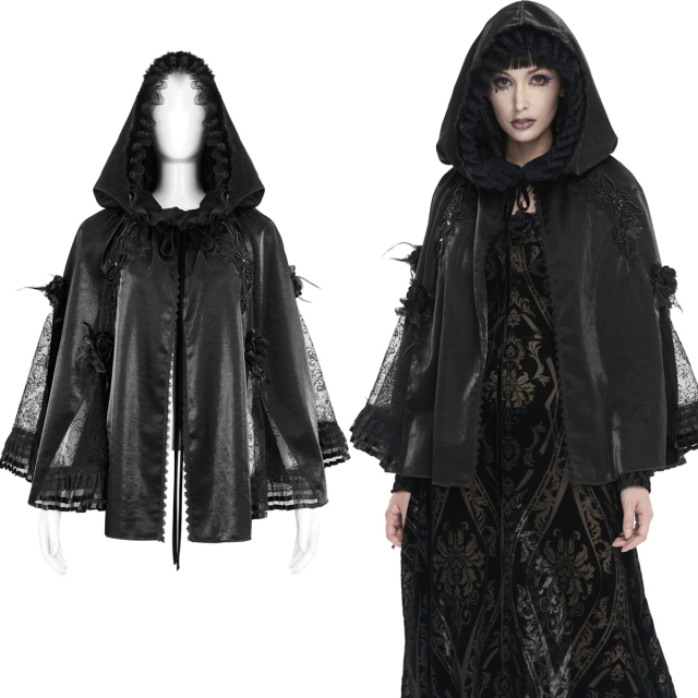 Short Victorian satin cape with large hood (CA03601) with romantically decorated chest area as well as ruffle-trimmed lace inserts and large fabric roses