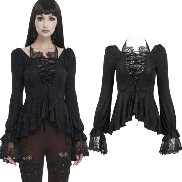 Devil Fashion peplum shirt (TT235) with halterneck and long sleeves made of elastic, elegantly patterned stretch material. Deep, laced V-neckline backed with lace.