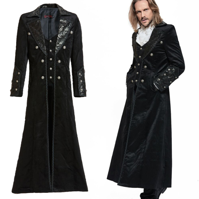Long Victorian Pentagramme velvet coat for men with waistcoat insert in the front and baroque embossing in leather-look on the lapel as well as on the wide cuffs.