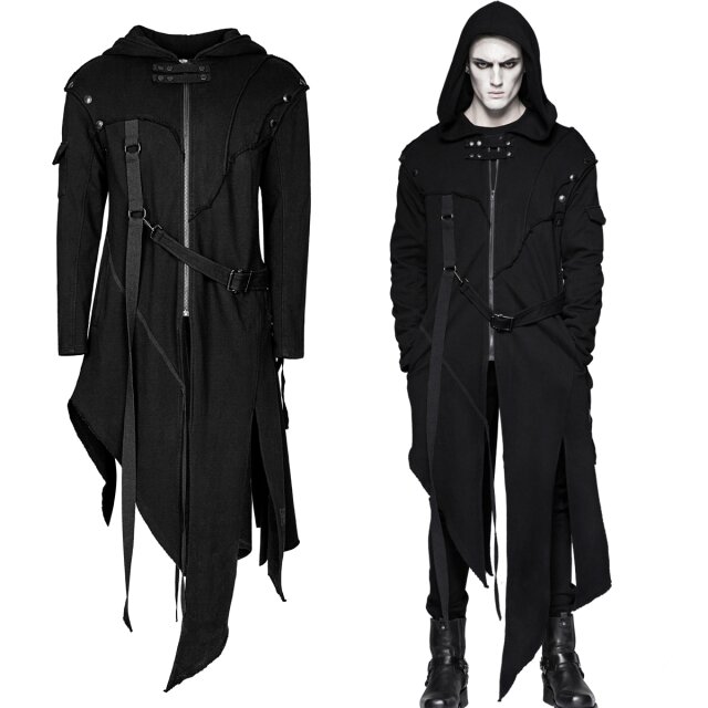 Fransiger PUNK RAVE Gothic-Sweatmantel (Y-745BK) mit abnehmbaren Ärmeln zum Verwandeln in eine Wasteland Weste mit jeder Menge schräger Nähte, Kapuze und Schnürung