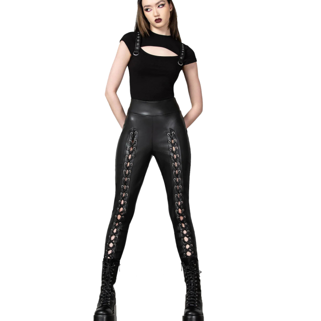 KILLSTAR Laced For Days Leggings - skin-tight faux leather leggings with exciting lacing along the front of the leg from the hem to far up the thigh. Wide elastic waistband
