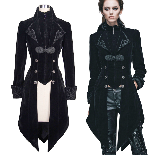 Devil Fashion ladies Victorian velvet frock coat (CT02001) in jet black. Waisted with front and back tapered hem, imitation waistcoat in front, strict collar, zip and turn-up cuffs.