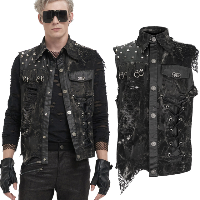 Devil Fashion Punk Waistcoat (WT072) in worn-out optics and used batik look with bright spots, frayed edges and tears, sewn-on mesh scraps as well as leatherette panels as well as lots of rivets, eyelets, O-rings in piercing look and a decorative lacing.