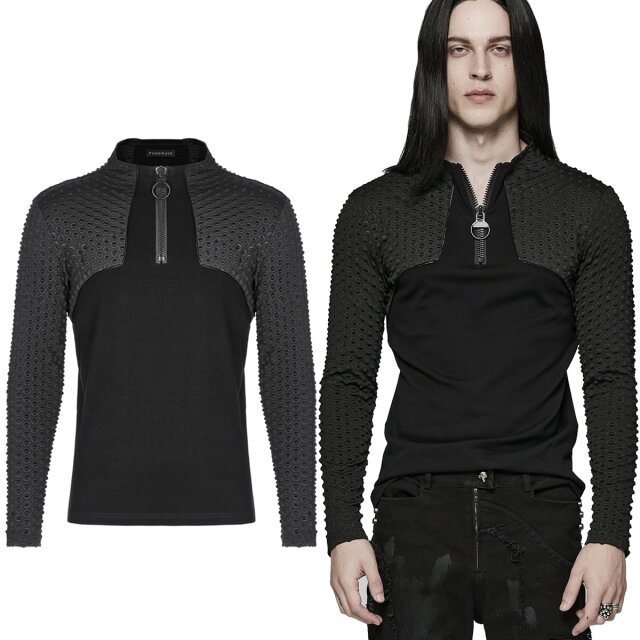 PUNK RAVE cyber long sleeve shirt (WT-793) with slim stand-up collar and techno-cyber textured fabric on the sleeves and shoulder area. Rough black zip with large ring at front.