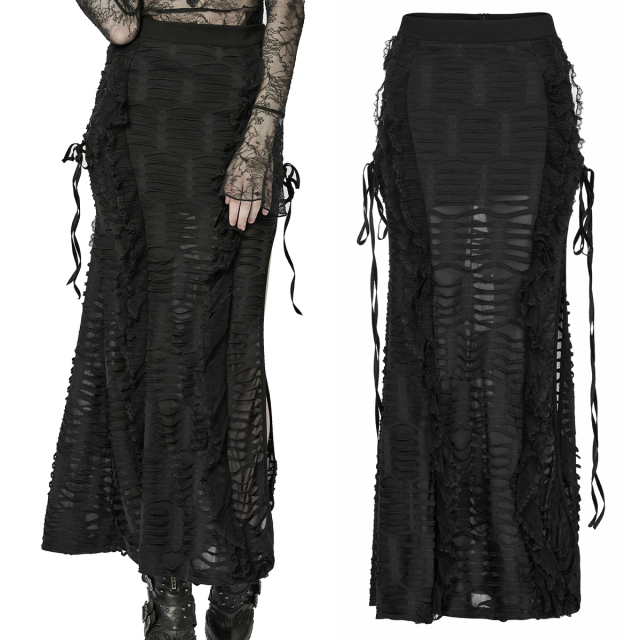 Ankle length Punk Rave Gothic Skirt (WQ-609BK) with rips in heavy destroyed look and romantic lace ruffles. High seductive slit and side lacing with faux leather details.