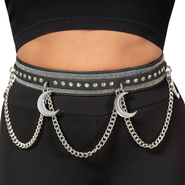 Killstar Lunas Levitation Belt - black faux leather belt with rhinestones and studs as well as arching hanging chains and big moon pendants