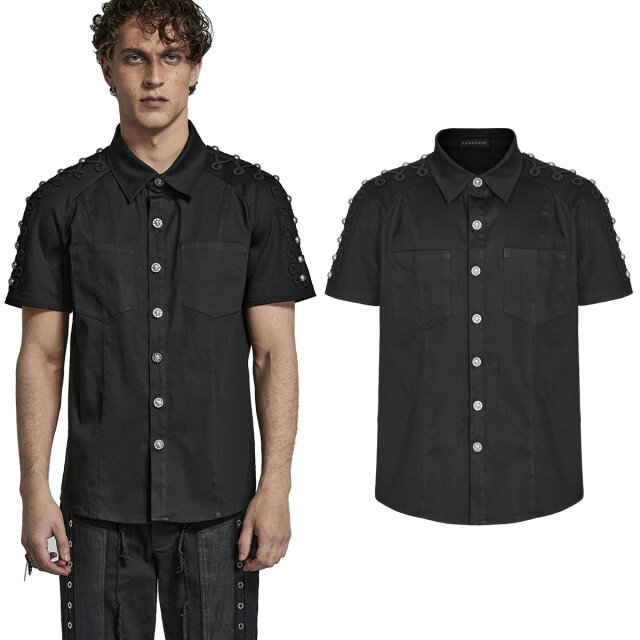 PUNK RAVE Kurzarmhemd (WY-1488BK) aus elastischem Baumwoll-Mix mit eleganter Posamenten Borten Verzierung und Zierknöpfen auf den Schultern.