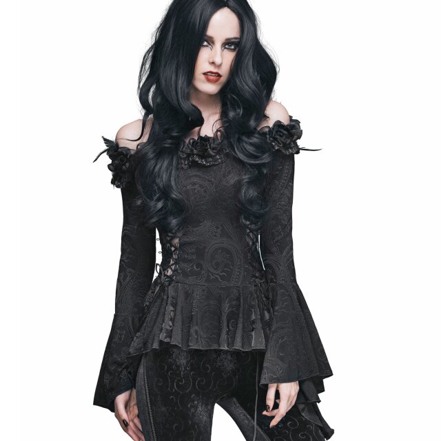 Eva Lady long-sleeved shirt (ETT002) with peplum, trumpet sleeves and large boat neckline opulently decorated with ruffles, fabric flowers and feathers. Elastic jersey with discreet all-over pattern and side lace inserts with lacing.
