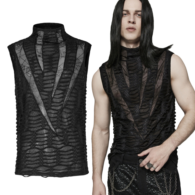 PUNK RAVE sleeveless turtle neck shirt (WT-777BK) made of shredded jersey material and V-shaped fine mesh stripes with spider web embroidery in the front