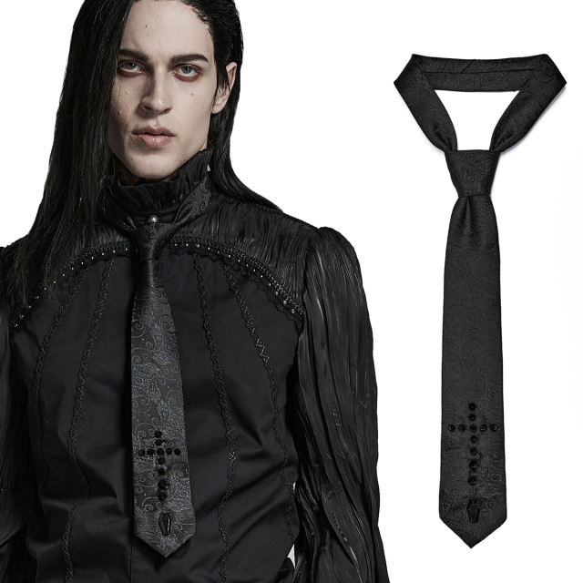 PUNK RAVE gothic tie (WS-555BK) made of floral patterned black jacquard with black spike studs arranged in a cross and faceted artificial stone in coffin shape