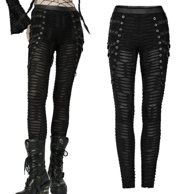 PUNK RAVE Fetzenleggings (WK-537BK) in einer heavy distressed Optik mit aufgenähten Bändern mit Ösen und D- und O-Ringen