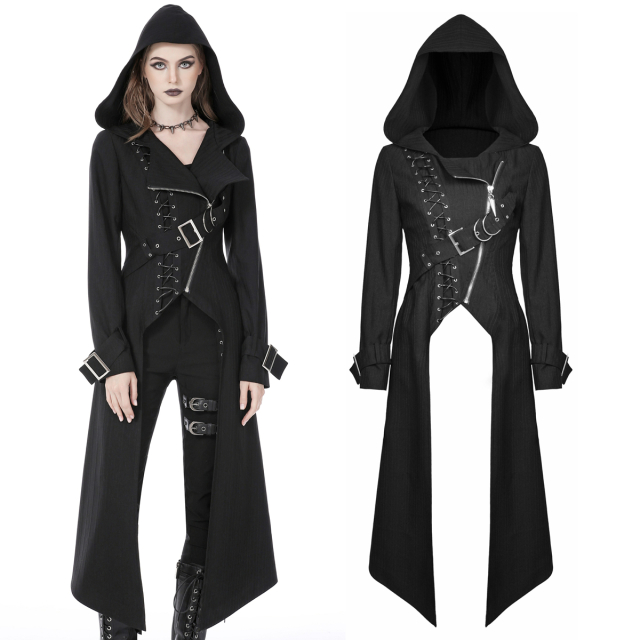 Striking slit calf-length Dark In Love coat (JW238) with large hood and asymmetrical punk design elements, such as zip, decorative lacing and straps with buckles and D-rings.