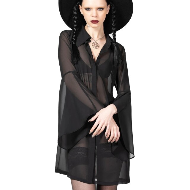 KILLSTAR Arlene slim A-line shirt dress in transparent chiffon with pointed shirt collar, concealed button placket and wide trumpet sleeves