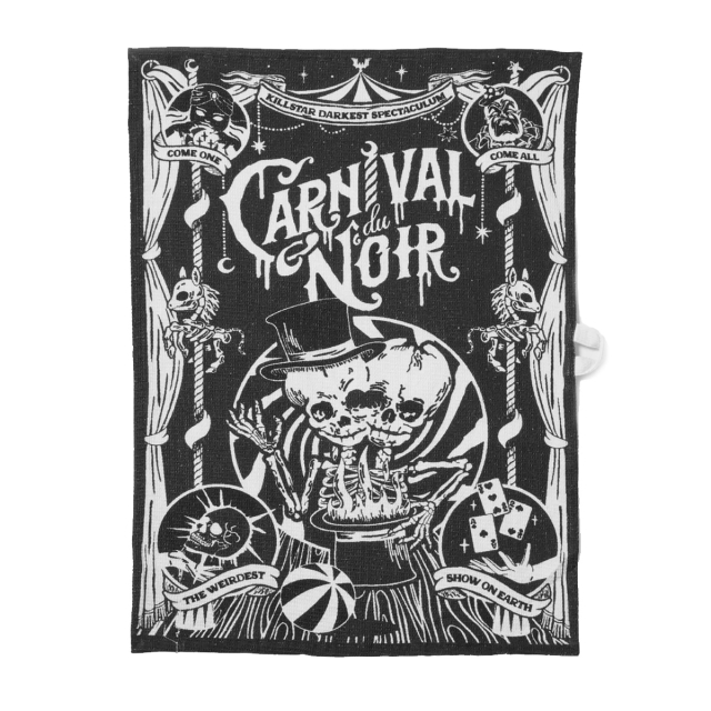 KILLSTAR Carnival Kitchen Towel - with this gothic tea towel, gloomy style moves into your kitchen. Black and white print with skeleton and skull print.