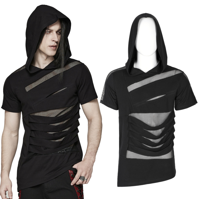 PUNK RAVE Gothic T-Shirt mit Kapuze (WT-774BK) und Netzeinsätzen sowie großen Rissen auf der Brust