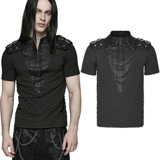 PUNK RAVE T-Shirt (WT-787BK) im Cyber-Goth Look aus futuristischem Struktur-Material mit großem V-Einsatz vorne, engem Kragen, Reißverschluss und coolen, abnehmbaren Schulterpatches