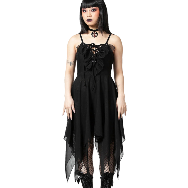 KILLSTAR Anshee Lace-Up Dress - mystic gothic strap dress with ruffle and lacing at the neckline and skirt with hanky hem between mini and midi