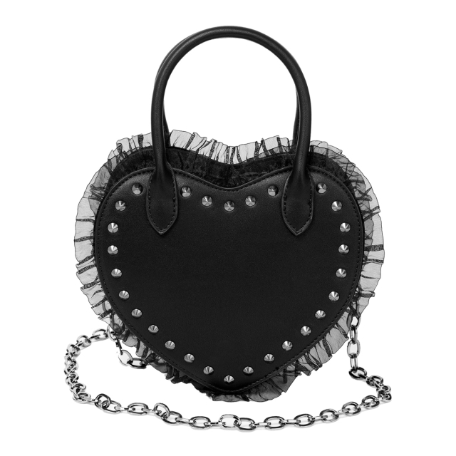KILLSTAR Babydoll Handbag - eerily sweet gothic handbag in the shape of a heart made of faux leather with delicate ruffles and studs on the front. With two handles and a detachable shoulder chain.