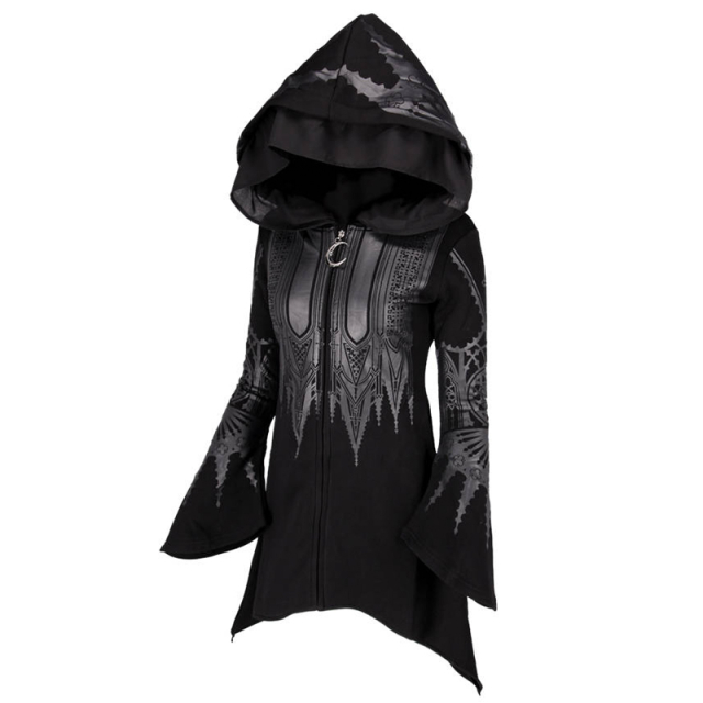 Hoodie jacket by Restyle with printed inverted cathedral outlines, XXL hood with slim chiffon veil, flared sleeves and tipped hems