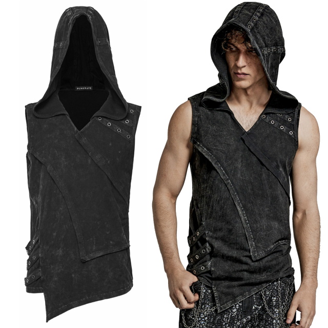 Washed-out PUNK RAVE tank top (WT-770BK) with XXL hood made of soft jersey in a relaxed, asymmetrical cut with rivet-studded straps, partly made of imitation leather and diagonal decorative stitching.