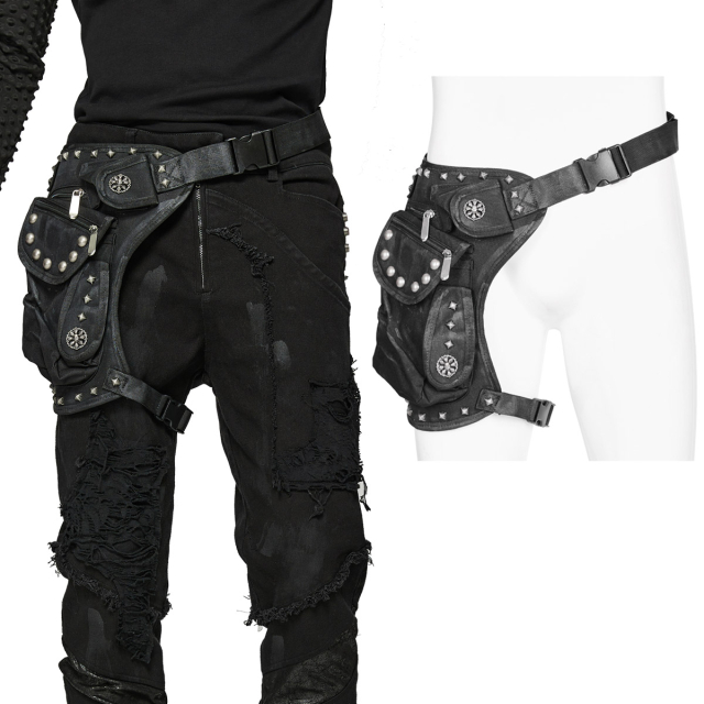 PUNK RAVE holster belt bag (WS-557BK) practical nylon bag to wear like a belt with additional strap around the thigh. Decorated with cool stains and rivets with used finish