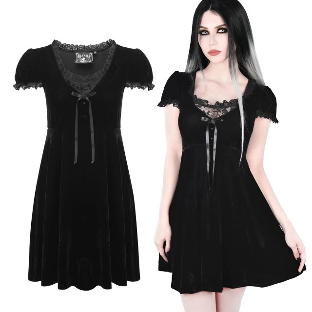 KILLSTAR Heather Babydoll Dress - schwarzes Samtminikleid in einem süßen ausgestellten A-Linienschnitt mit Spitze süßen Rüschenbesetzten Puffärmeln und puppenhafter Satinschleife im Rücken