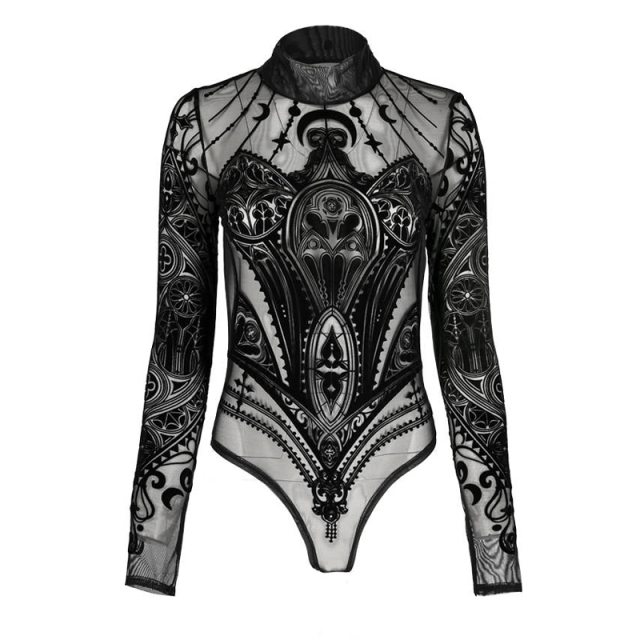 Sheer Restyle mesh bodysuit with deep black flocking featuring a gothic cathedral motif in the shape of a corset.