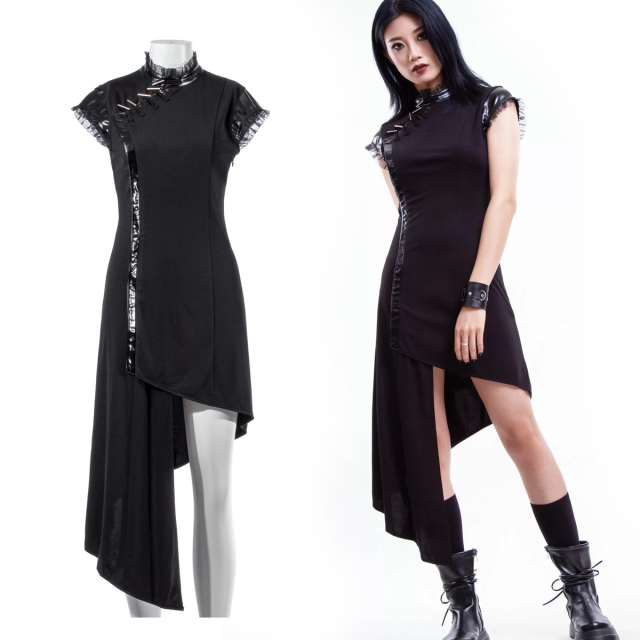 Asymmetrically cut A-line dress in Asian Cheongsam style with a dark Gothic touch. Delicate tulle ruffles on collar and cape sleeves, as well as faux leather trim on sleeves, collar and along the front. Sloping hem between mini and midi.