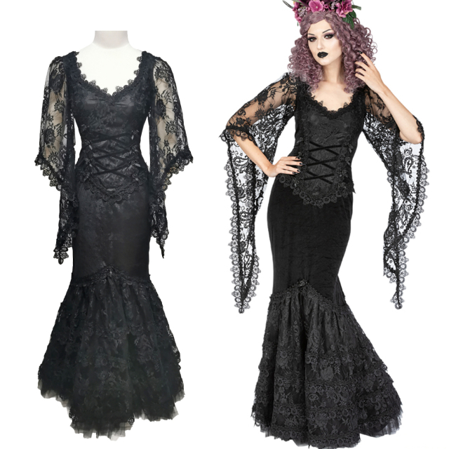 Figure-accentuating Sinister velvet dress in mermaid cut with bodice-look top and long, tapered and flared puff sleeves made of delicate lace.