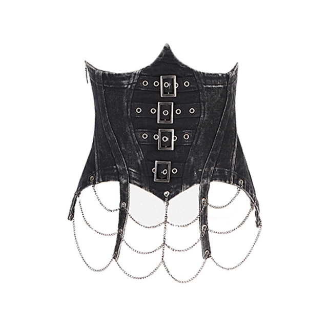PUNK RAVE Y-578 Corset belt/underbust corsage with chains in black denim. Ladies Gothic clothing