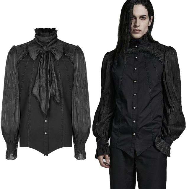 Victorian Punk Rave Shirt (WY-1484BK) with shiny, wide sleeves in crinkled look, fancy shoulders, numerous trims and a ruffled stand-up collar.