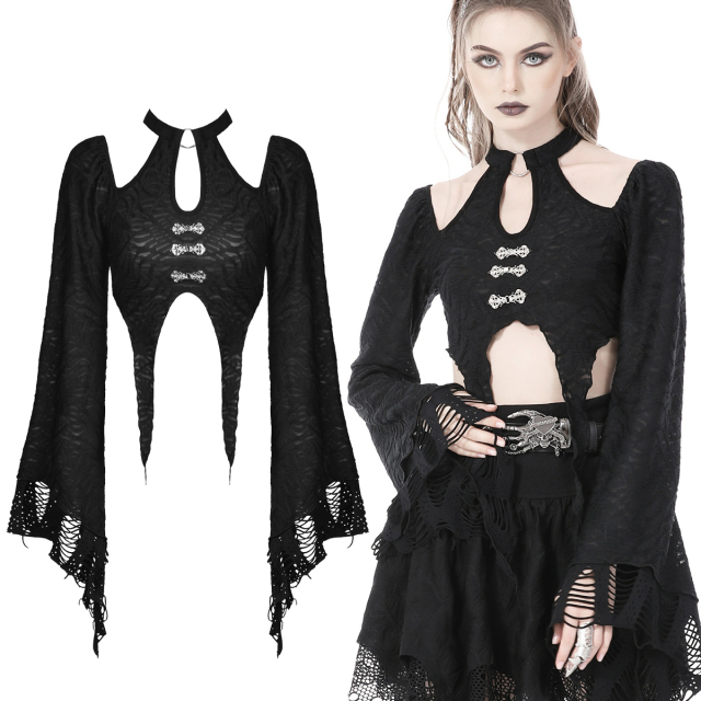 Dark In Love crop top (TW450)  in a post-apocalyptic distressed textured material with long tapered tips, long flared sleeves, cut outs at the shoulders and ornate decorative fastenings at the front.