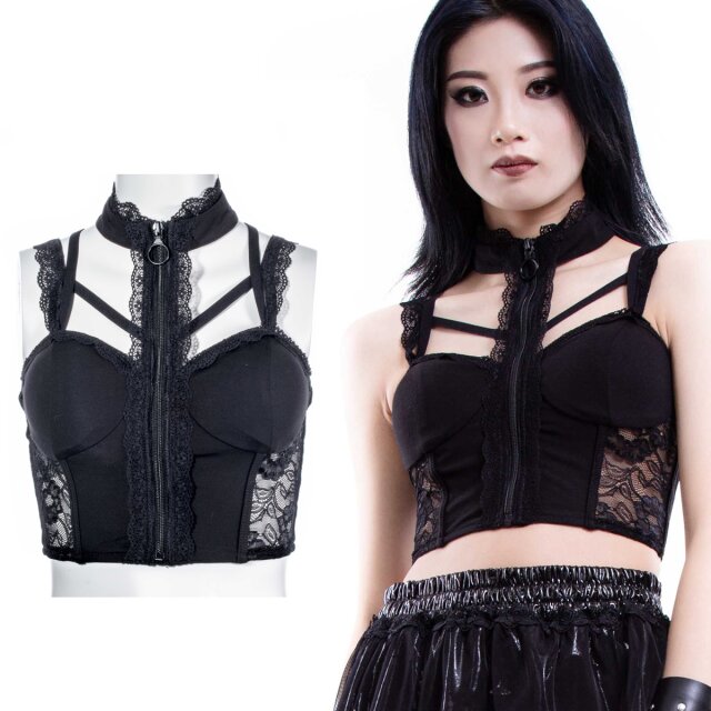 Bauchfreies Gothic Bralette mit Stehkragen in Choker-Optik und Spitze. Dunkelromantisch, femininer Look mit durchgehendem Reißverschlus, Rüschenverzierung und ausgearbeiteten, wattierte Cups.