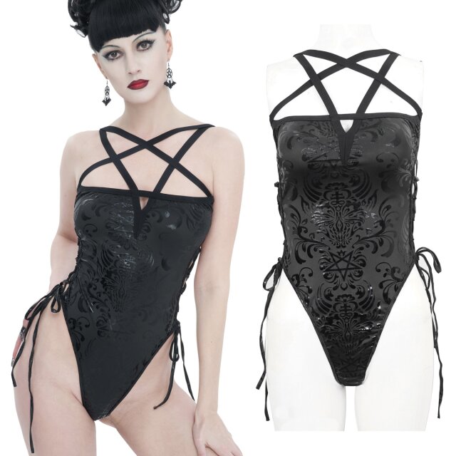 Gothic Badeanzug (SST021) mit dezentem Lack-Print mit okkulten Mustern, elastische Träger in Pentagramm-Form auf dem Dekolleté sowie Schnürungen an den sehr hohen Beinausschnitten