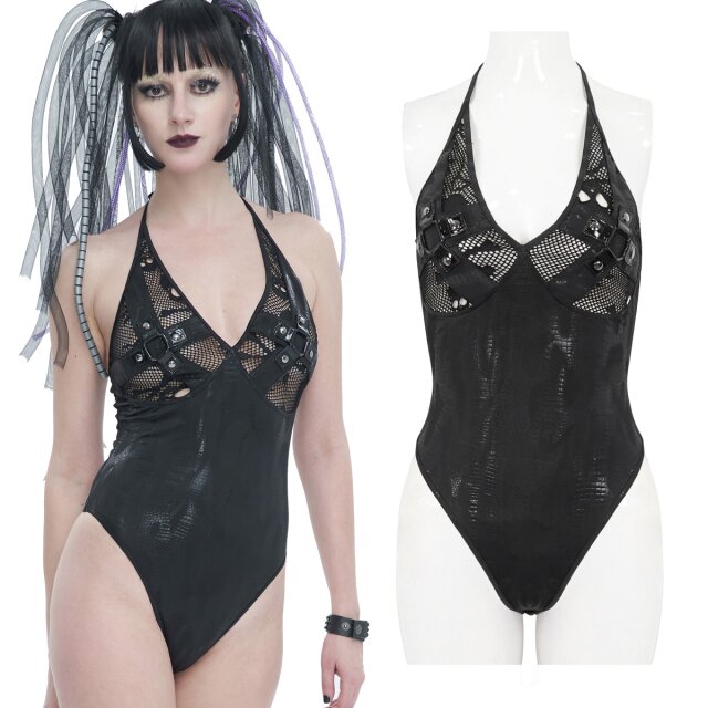 Devil Fashion Badeanzug (SST022) mit Kink-Charakter. Schwarz mit Schlangenhaut-Muster. Cups aus Netz mit Totenköpfen und kreuzförmig angeordneten Riemen mit Lack-Applikation und O-Ringen.