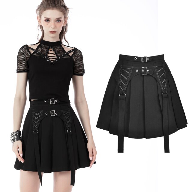 Dark In Love Mid-Waist Gothic-Faltenmini (KW234) mit zwei dekorativen Bändern im Straps-Stil, dekoriert mit Zierschnürung und Sptzenborte