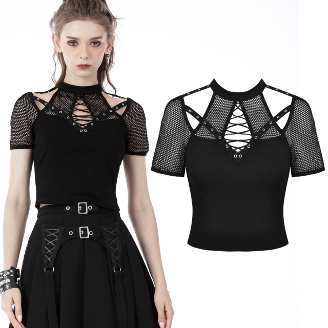 Dark In Love T-shirt (TW425) in punk look with shoulder section made of mesh with large cut-outs with eyelet-covered straps and lacing on the neckline.