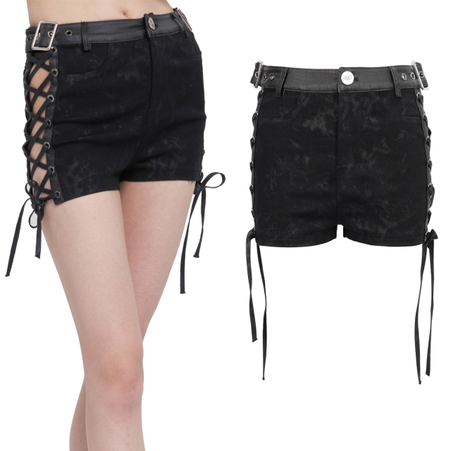 Devil Fashion womens shorts (PT163) made of stretch denim with punky spots in used look and eye-catching lace-up details at the sides. Attached waistband and back pockets in leather optics.