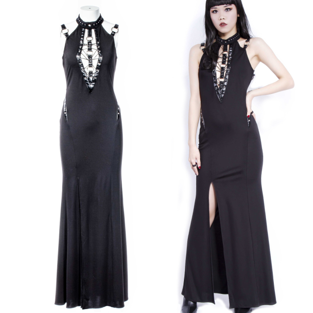 Long slim bodycon gothic dress with studded halter neck...