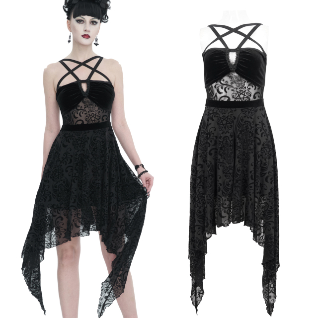 Devil Fashion Gothic-Midi-Kleid (SKT165) aus okkult beflocktem Mesh und tiefschwarzem Samt mit zipfeligem Taschentuch-Saum, schmalen Trägern und Pentagramme-Muster auf dem Dekolleté.