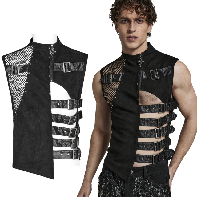 Asymmetrical PUNK RAVE waistcoat (WY-1462BK) in wasteland design. Figure-hugging cut with belts on the left and coarse mesh on the right. Short zip and high collar. Spine element at the back with black O-rings.